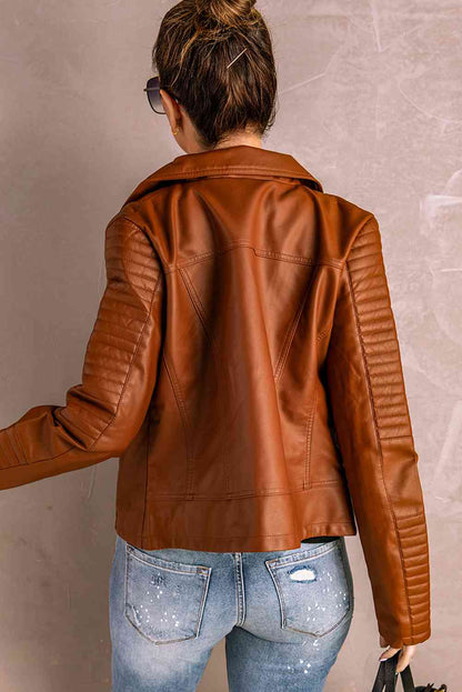 Ribbed Faux Leather Jacket - Brown