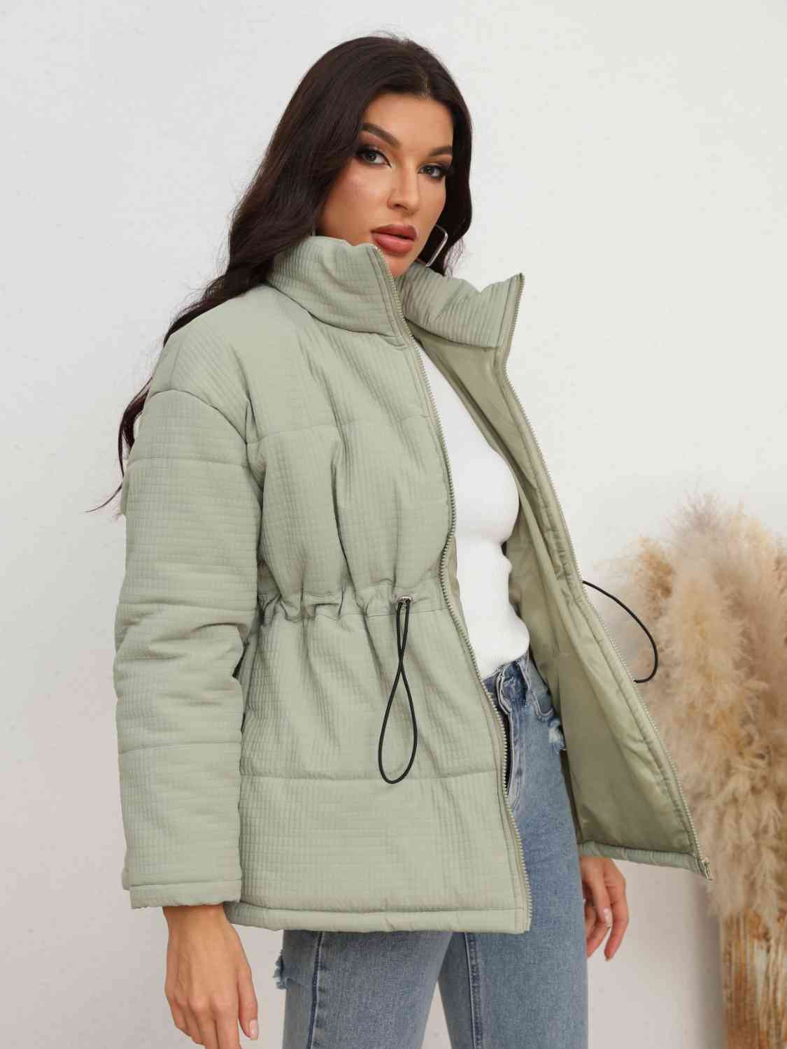 Drawstring Waist Zip-Up Puffer Jacket | AdoreStarr