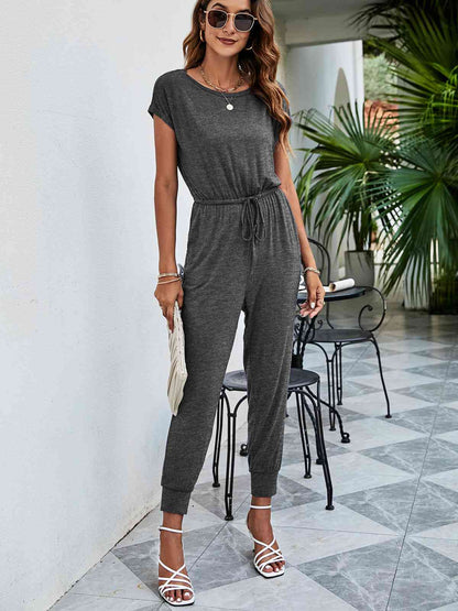 Drawstring Waist Short Sleeve Jogger Jumpsuit | AdoreStarr