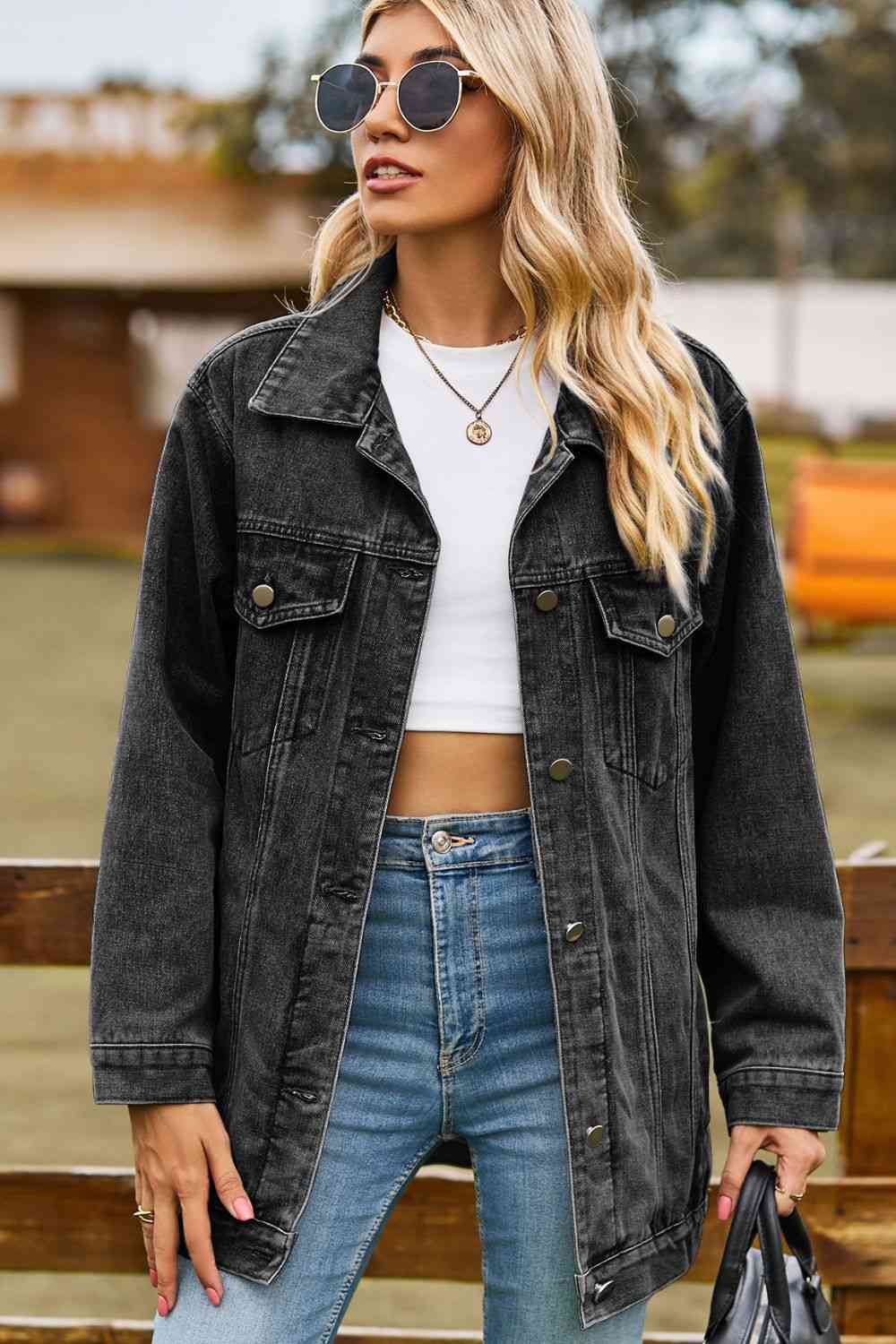 Buttoned Collared Neck Denim Jacket | AdoreStarr