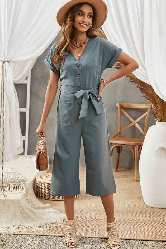 Button Front Belted Cropped Jumpsuit