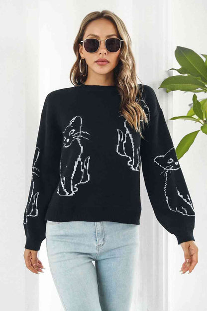 Cat Pattern Round Neck Pullover Sweater | AdoreStarr