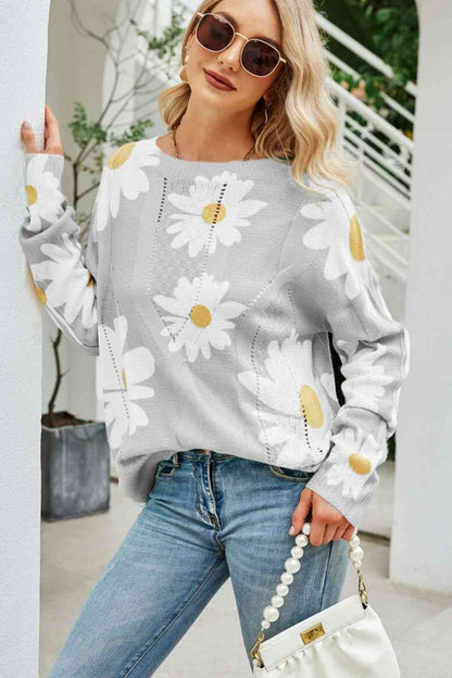 Daisy Print Openwork Round Neck Sweater - Light Gray