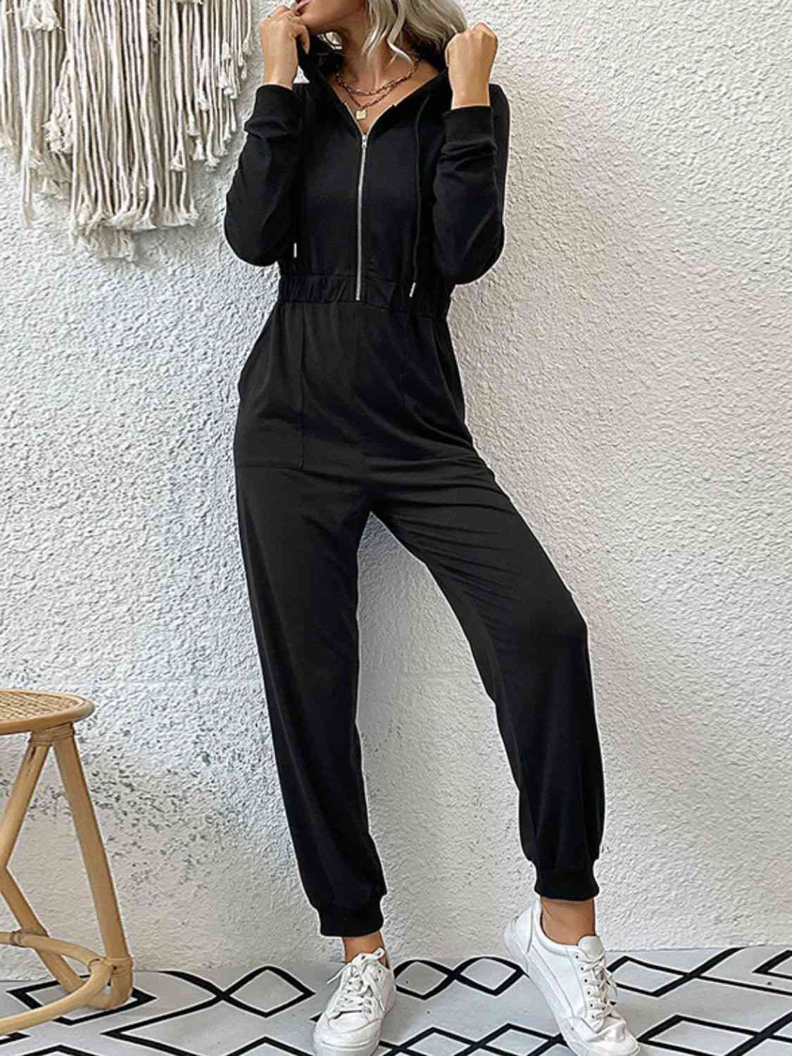 Zip Up Elastic Waist Hooded Jogger Jumpsuit | AdoreStarr