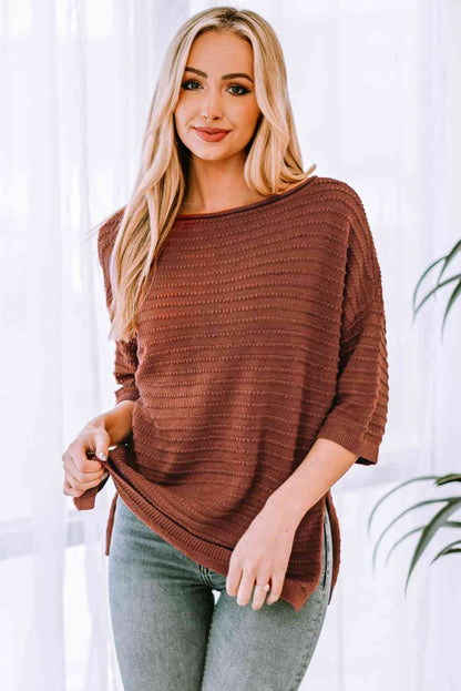 Dropped Shoulder Side Slit Pullover Sweater | AdoreStarr