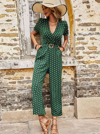 Polka Dot Belted Flounce Sleeve Jumpsuit with Pockets | AdoreStarr