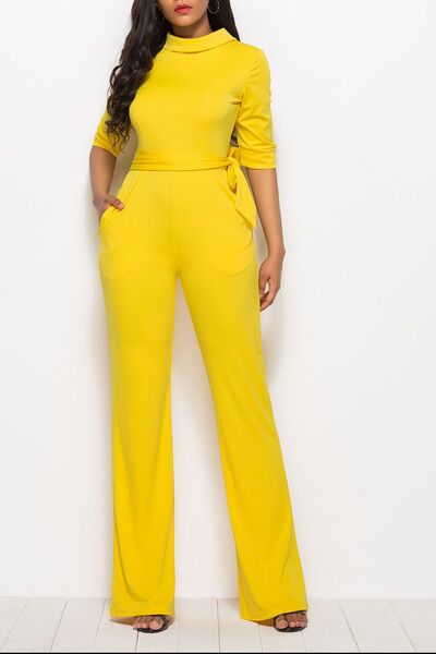 Mock Neck Tie-Waist Half Sleeve Jumpsuit | AdoreStarr