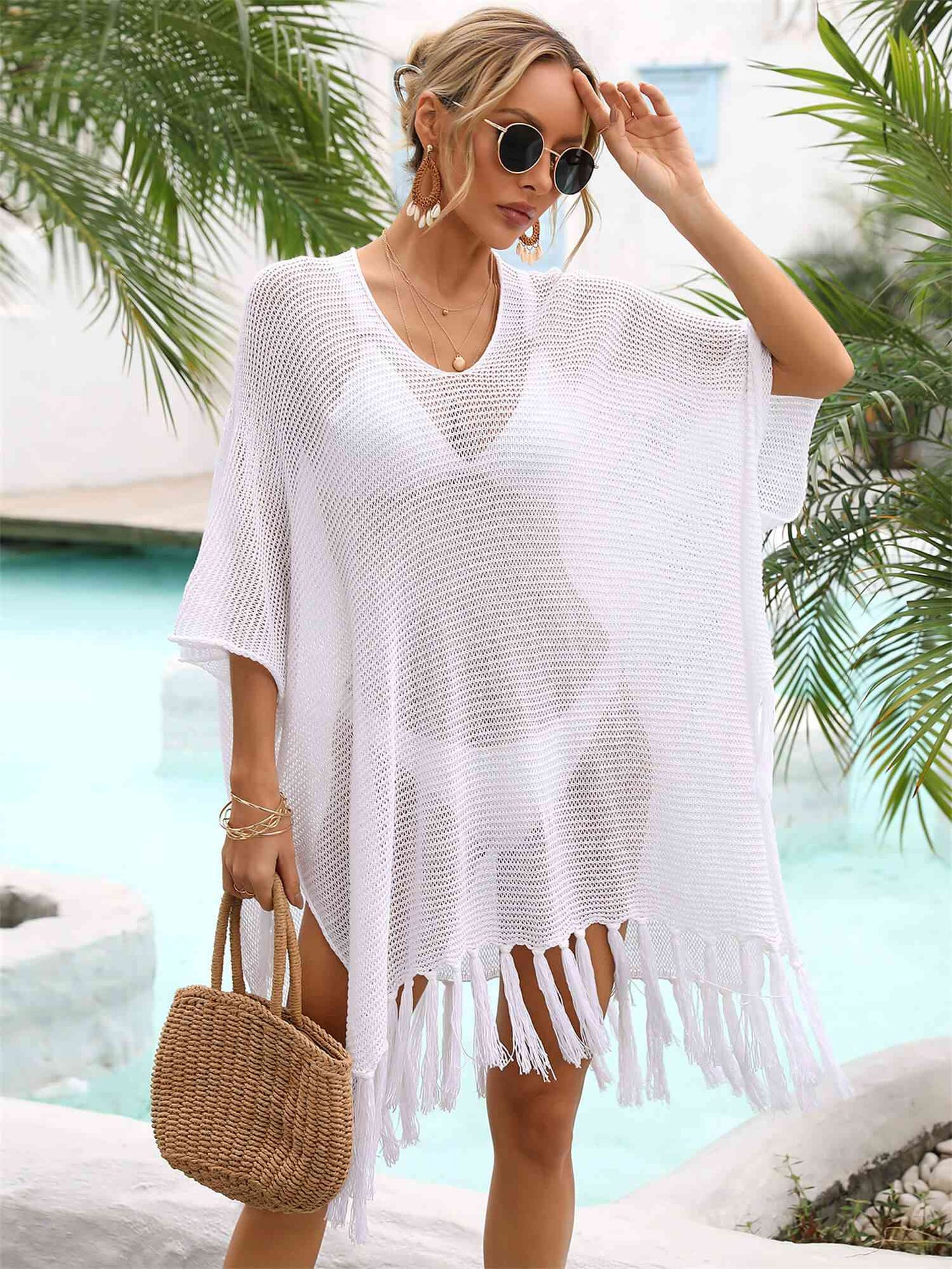 Fringe Trim Dolman Sleeve Openwork Cover-Up | AdoreStarr