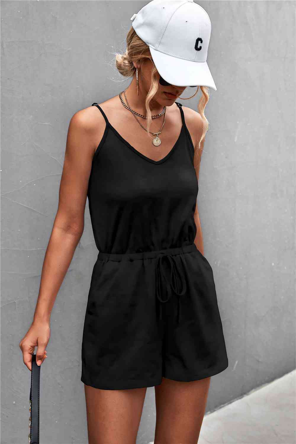 Spaghetti Strap V-Neck Pocket Romper - Black