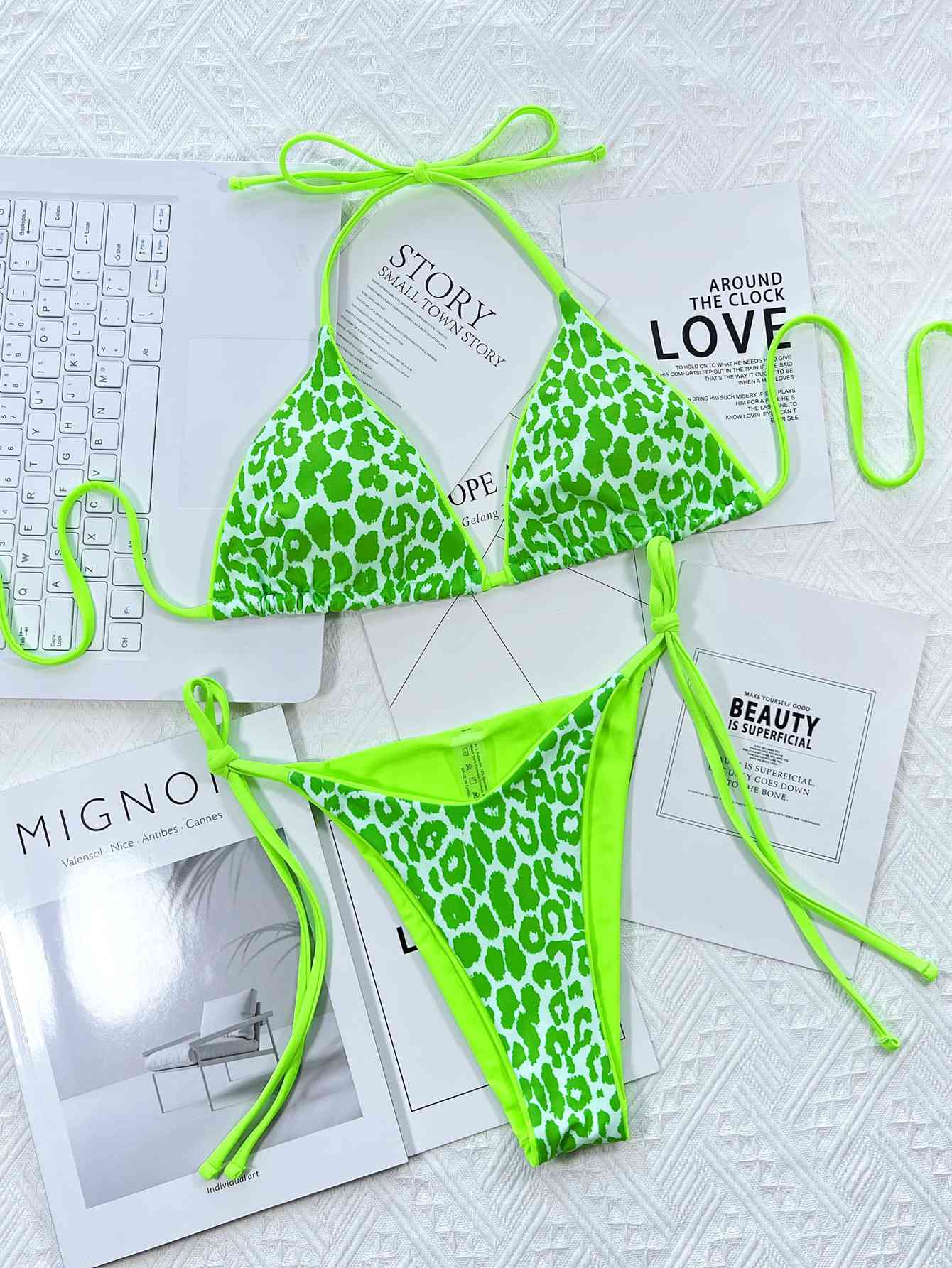 Leopard Print Tie Side Bikini Set - Mint Green