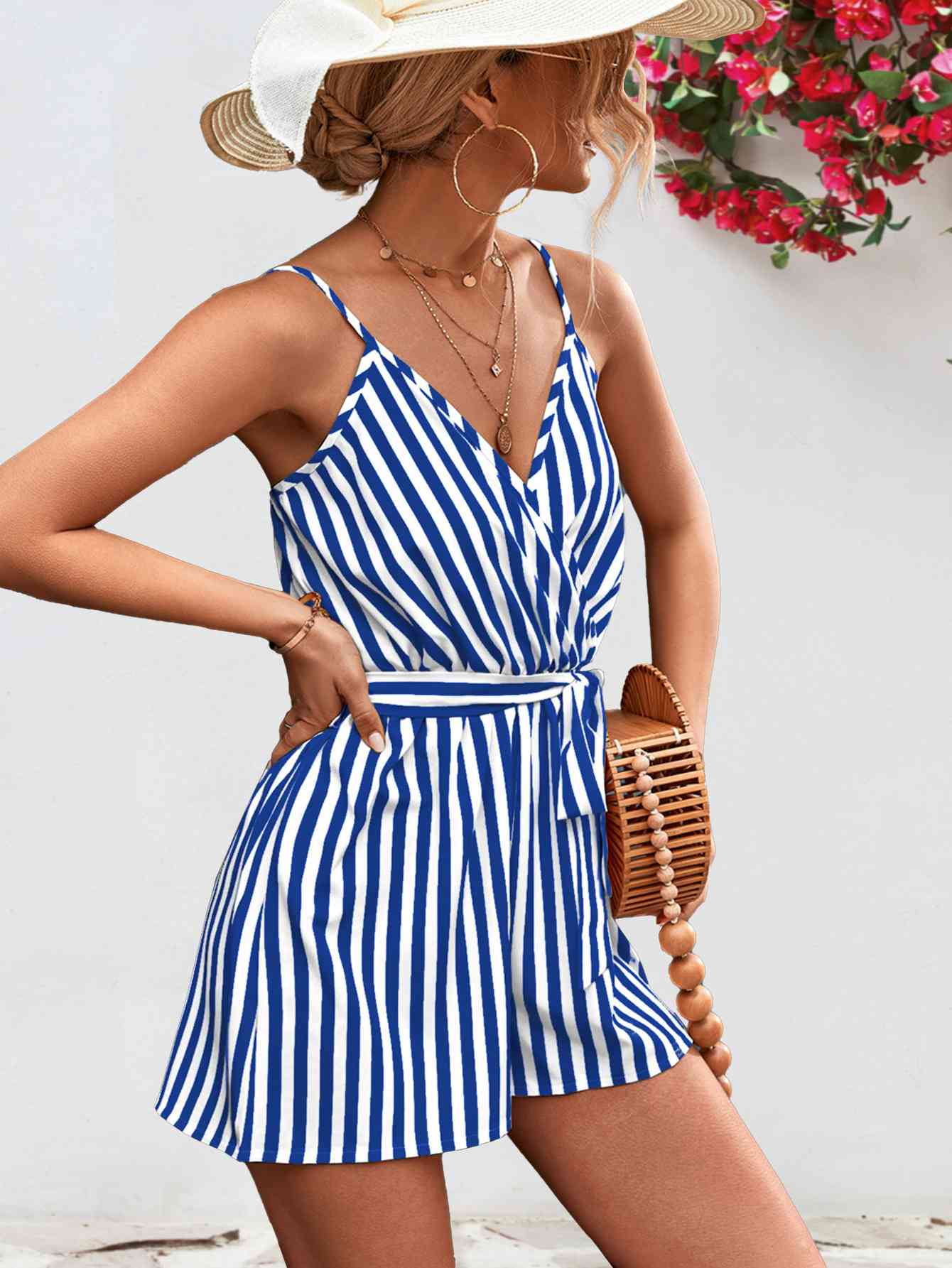 Striped Tie Waist Spaghetti Strap Romper | AdoreStarr