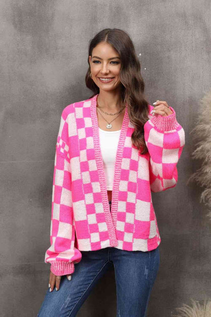 Checkered Open Front Drop Shoulder Cardigan | AdoreStarr