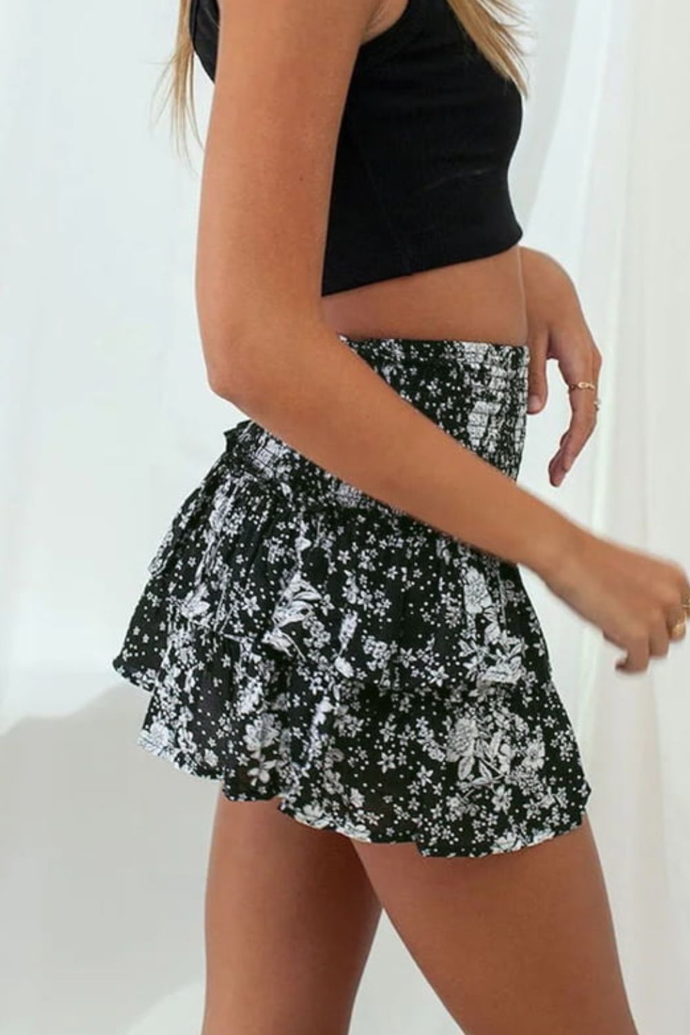 Printed Frill Trim Smocked Mini Skirt | AdoreStarr