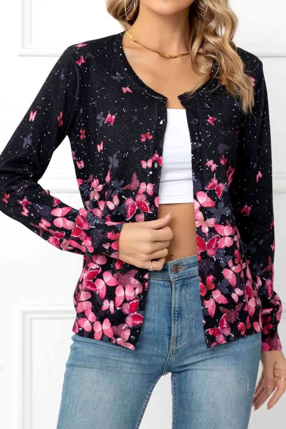 Floral Button Front Round Neck Cardigan | AdoreStarr