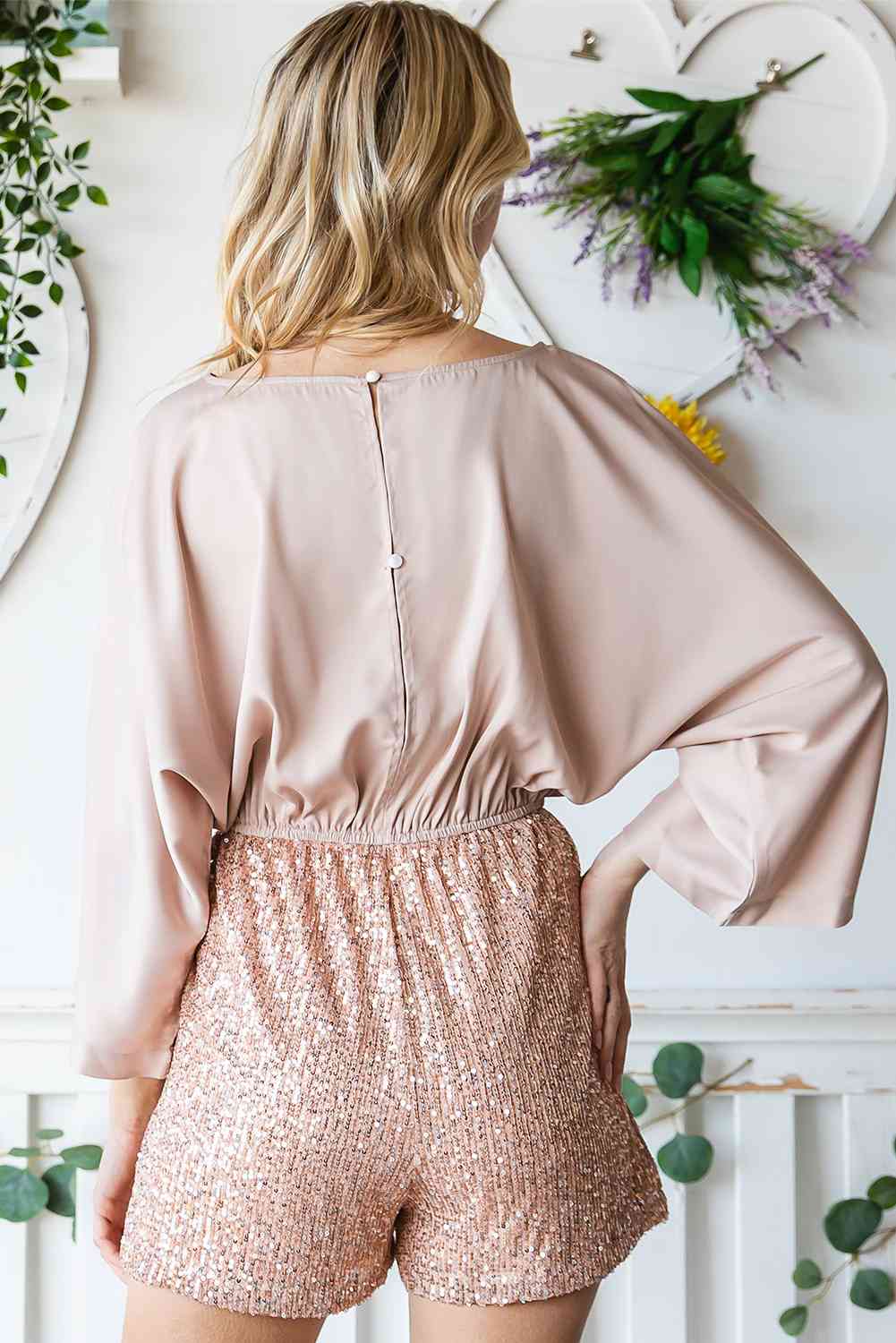 Sequin Drawstring Waist Dolman Sleeve Romper - Sand