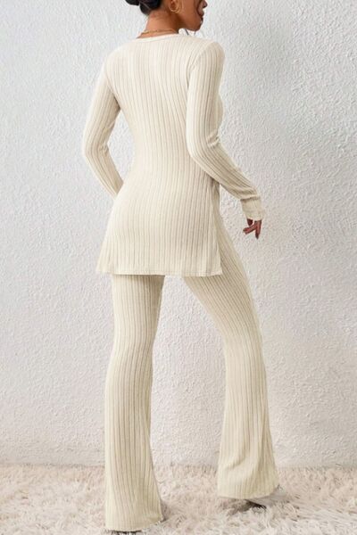 Ribbed Long Sleeve Slit Top and Bootcut Pants Set - Cream