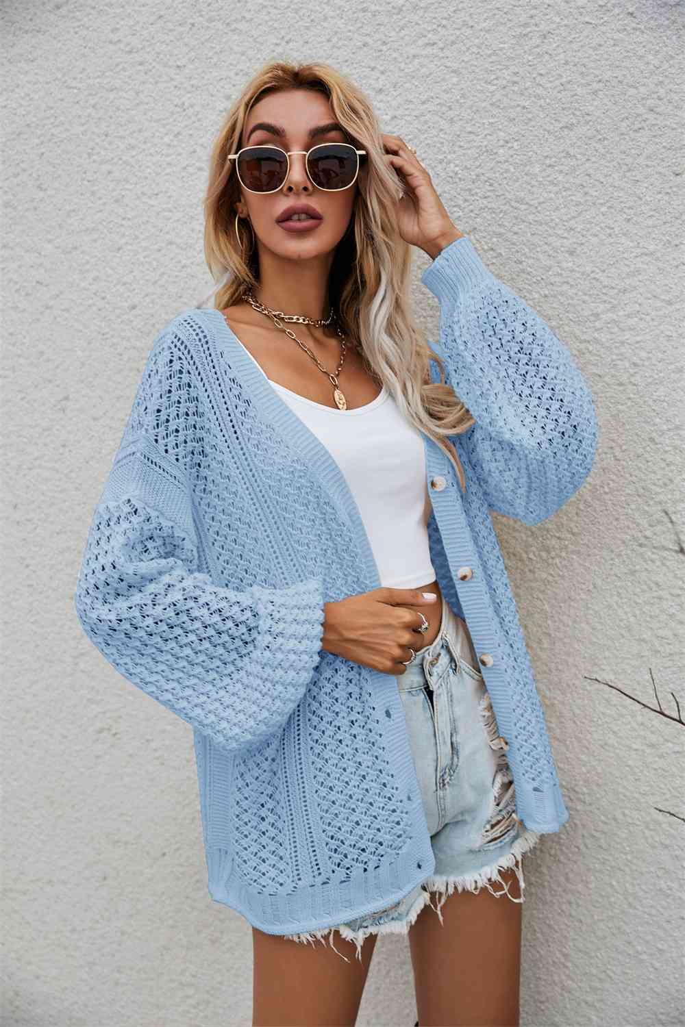 Openwork V-Neck Dropped Shoulder Cardigan | AdoreStarr