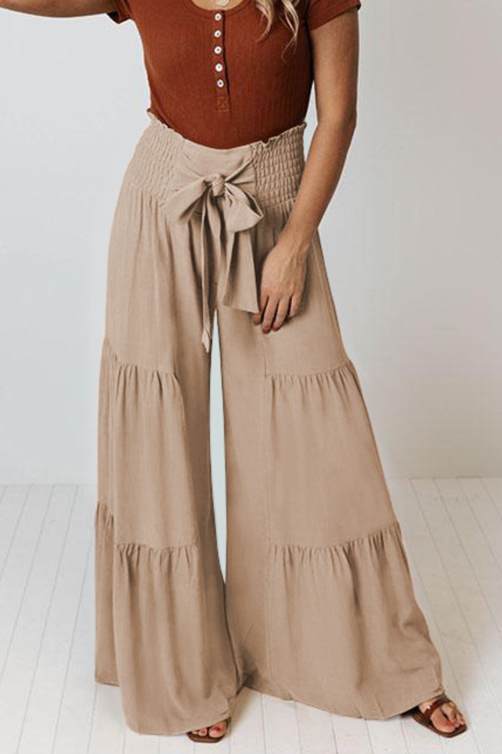 Tie Front Smocked Tiered Culottes | AdoreStarr