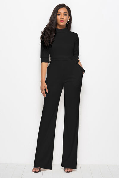 Mock Neck Tie-Waist Half Sleeve Jumpsuit | AdoreStarr