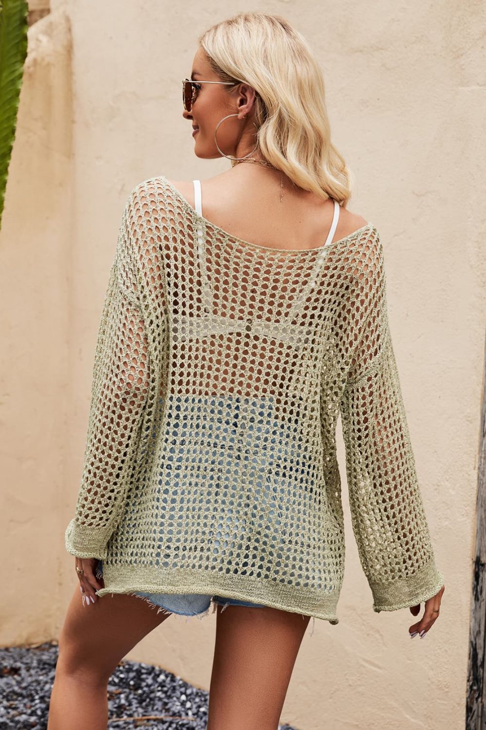 Openwork Round Neck Long Sleeve Cover-Up