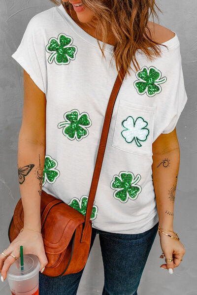 Sequin Lucky Clover Boat Neck T-Shirt | AdoreStarr