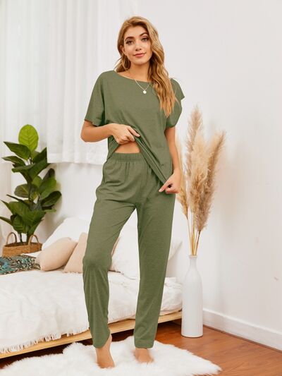 Round Neck Top and Pants Lounge Set | AdoreStarr