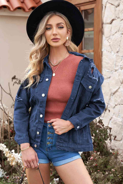 Distressed Button-Up Denim Jacket | AdoreStarr