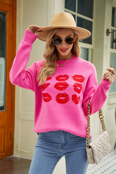 Contrast Lip Pattern Slit Sweater | AdoreStarr