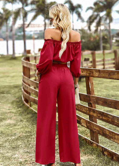 Off-Shoulder Blouse and Drawstring Waist Pants Set | AdoreStarr