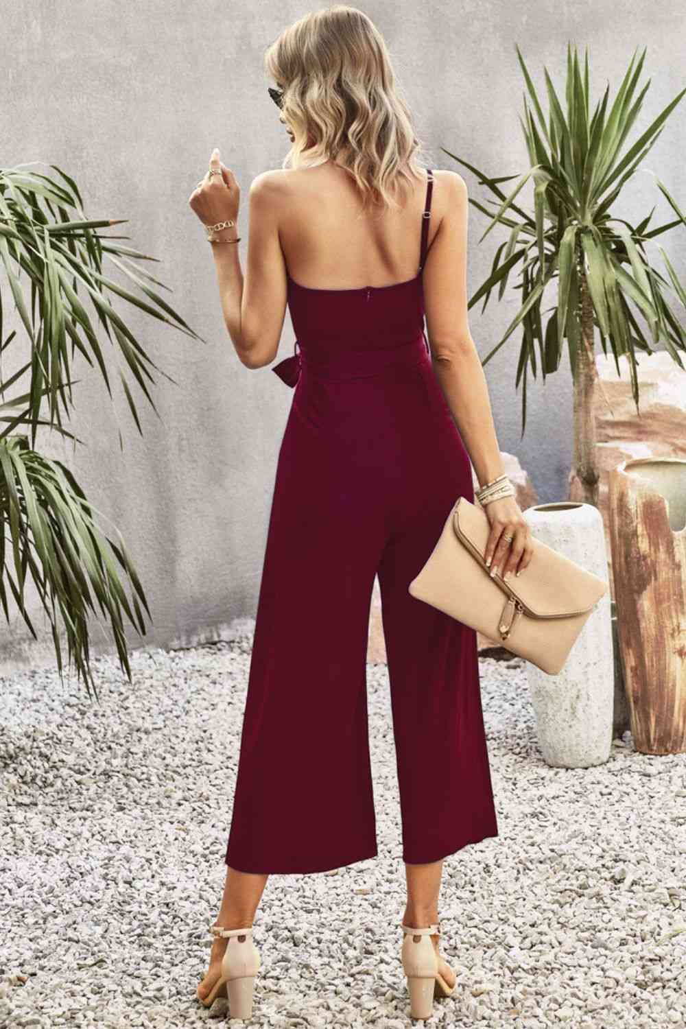 One-Shoulder Tie Belt Wide Leg Jumpsuit | AdoreStarr