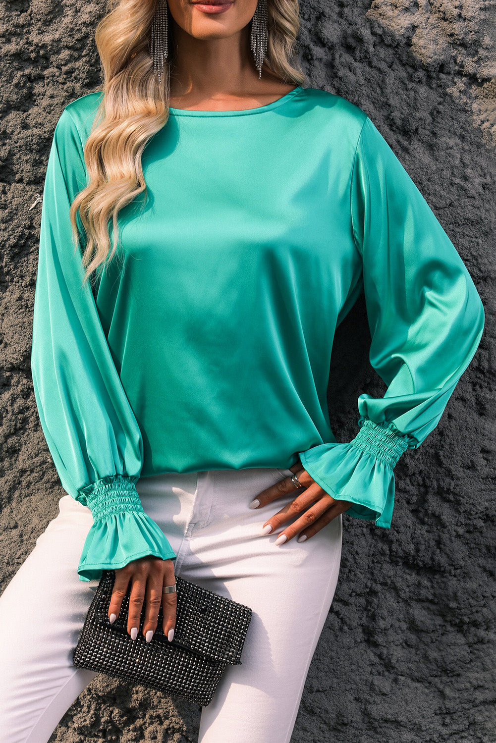 Flounce Sleeve Keyhole Blouse | AdoreStarr