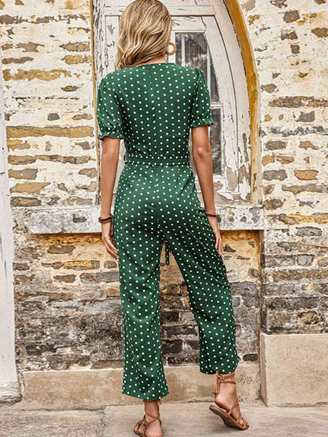 Polka Dot Belted Flounce Sleeve Jumpsuit with Pockets | AdoreStarr