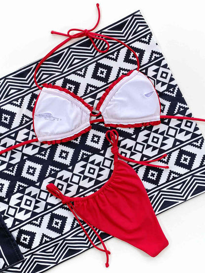 Frill Trill Halter Neck Bikini Set - Scarlet