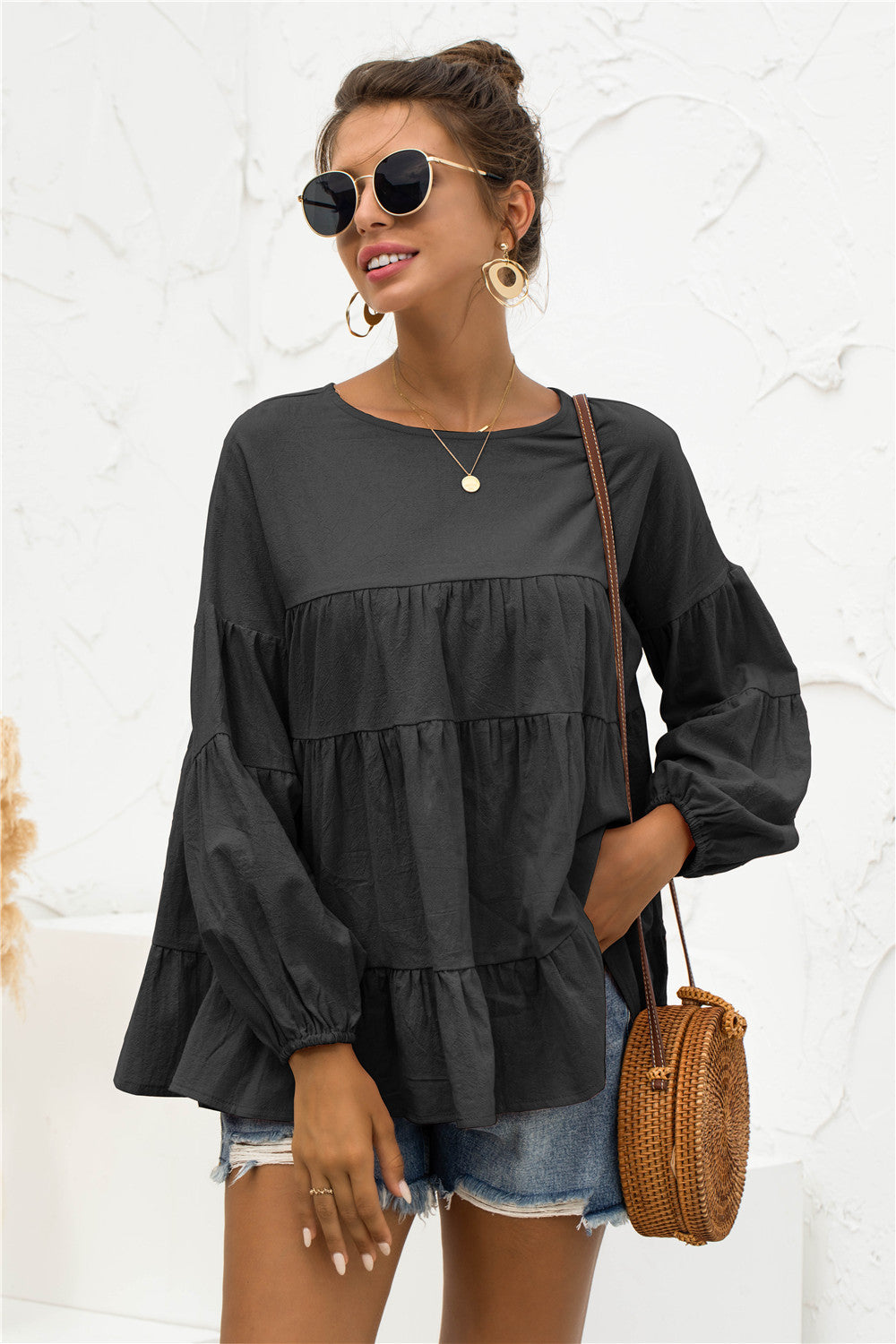 Round Neck Bubble Sleeve Tiered Blouse | AdoreStarr