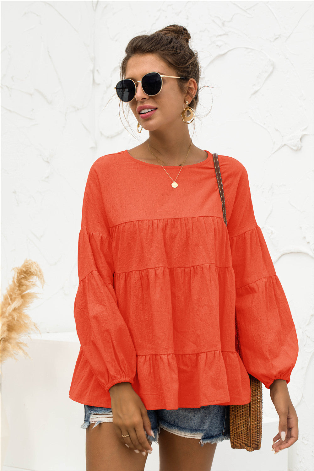 Round Neck Bubble Sleeve Tiered Blouse | AdoreStarr