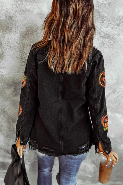 Sequin Patch Pumpkin Raw Hem Jacket | AdoreStarr