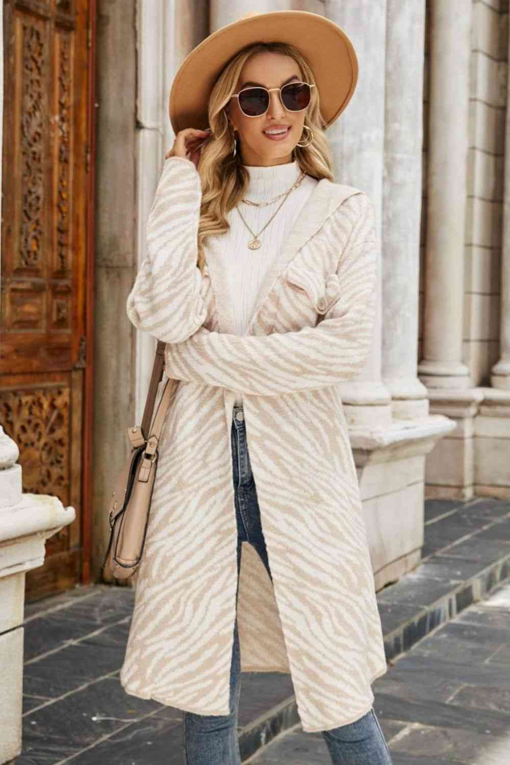 Open Front Hooded Longline Cardigan - Beige