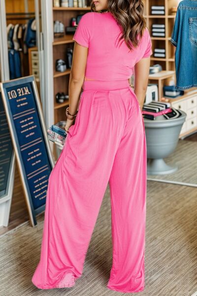 Short Sleeve Top and Wide Leg Pants Set | AdoreStarr