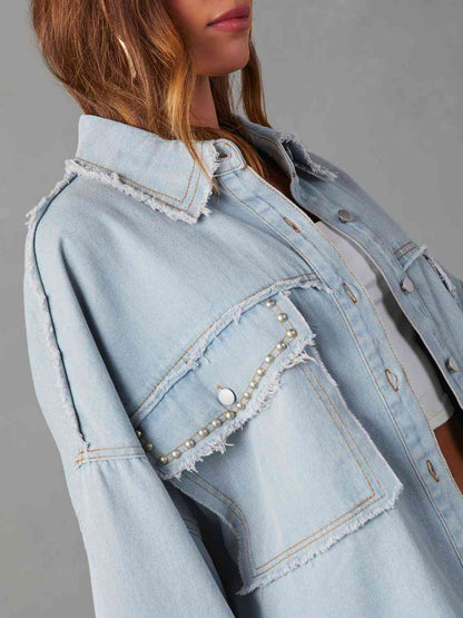 Button Down Raw Hem Denim Jacket