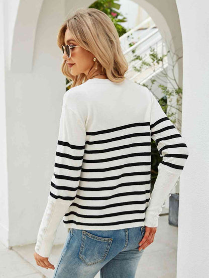 Striped Decorative Button Knit Top | AdoreStarr