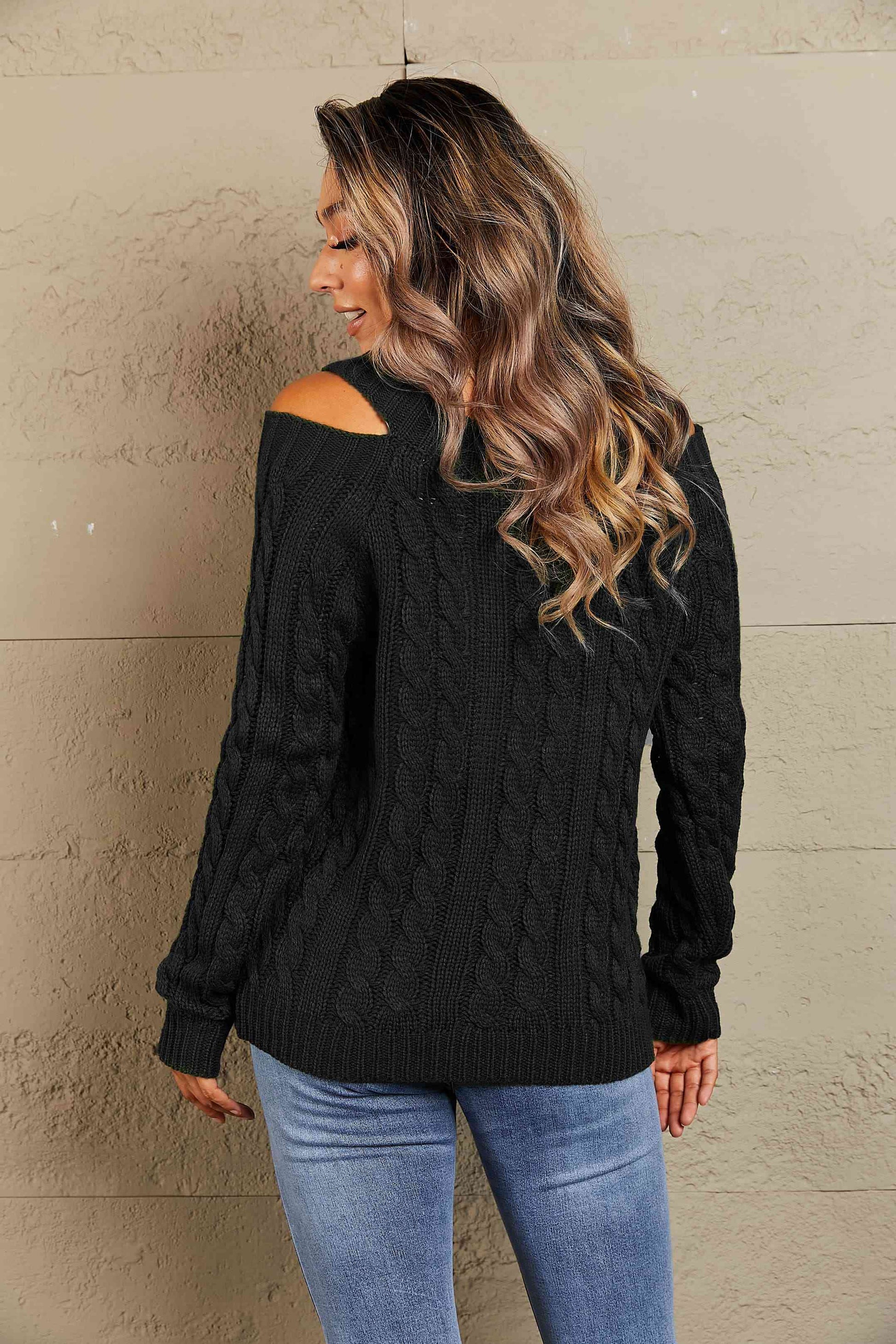 Cable-Knit Cold-Shoulder Long Sleeve Sweater | AdoreStarr