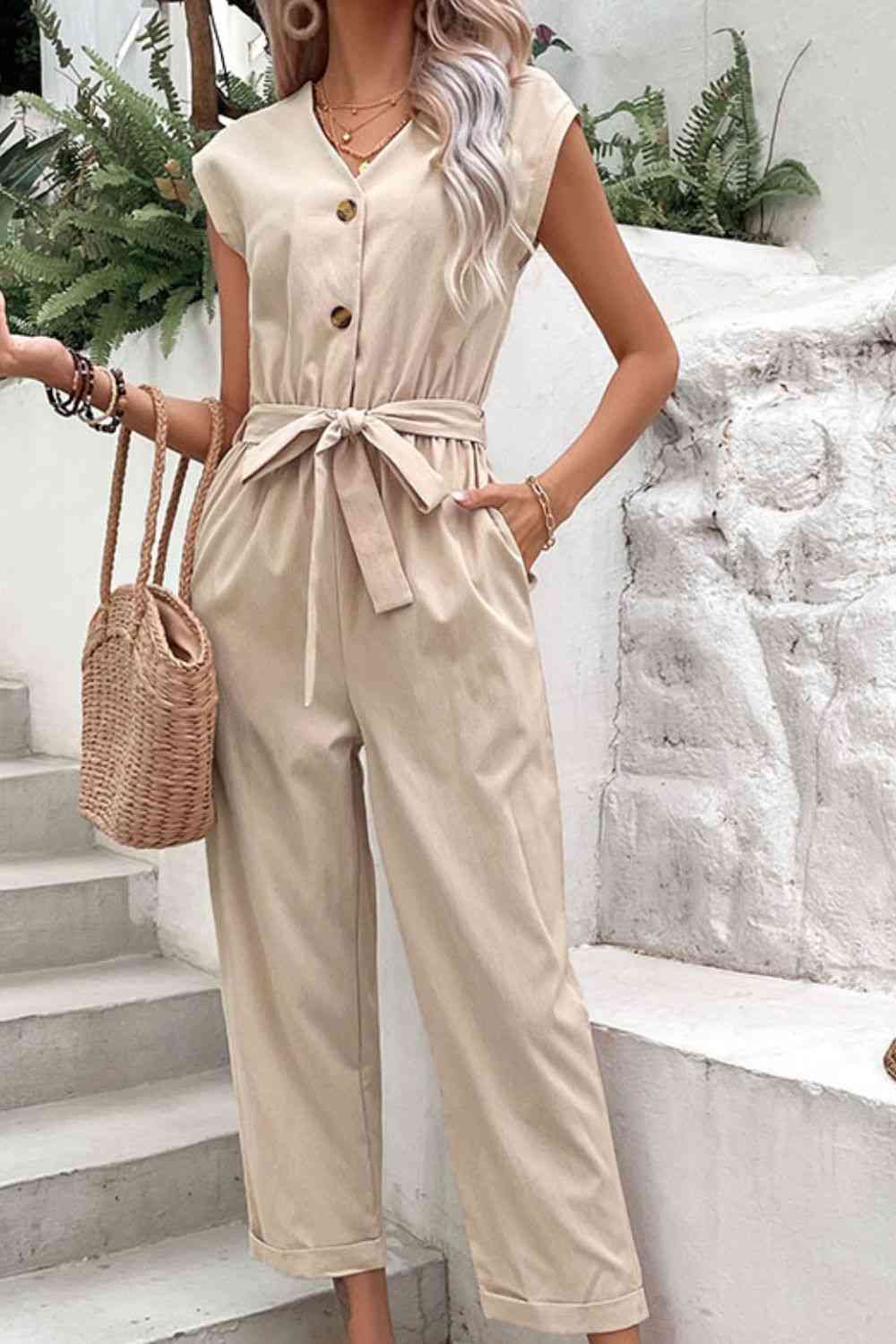 Capped Sleeve Belted V-Neck Jumpsuit - Sand