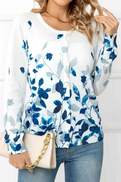 Floral Button Front Round Neck Cardigan | AdoreStarr