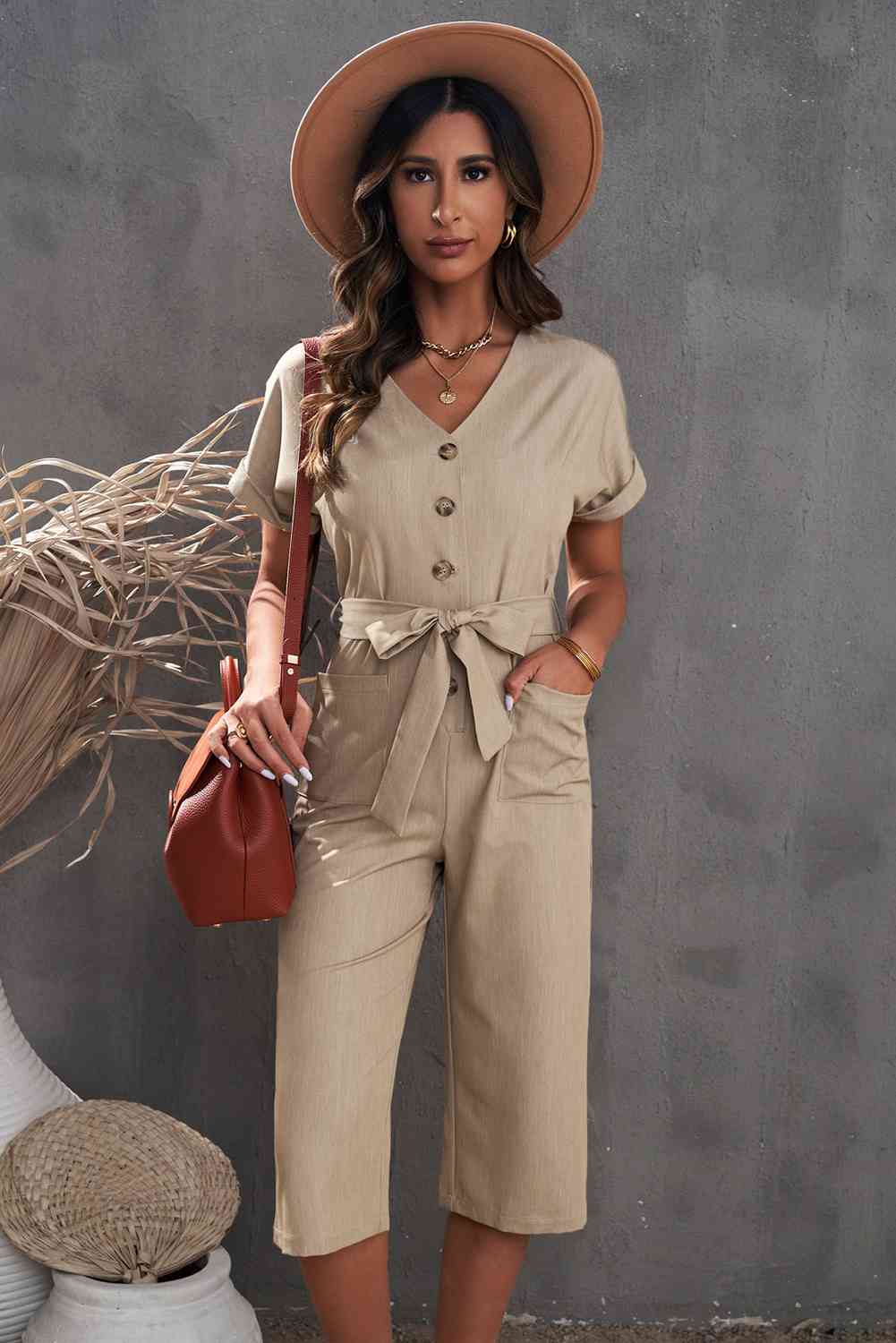 Button Front Belted Cropped Jumpsuit