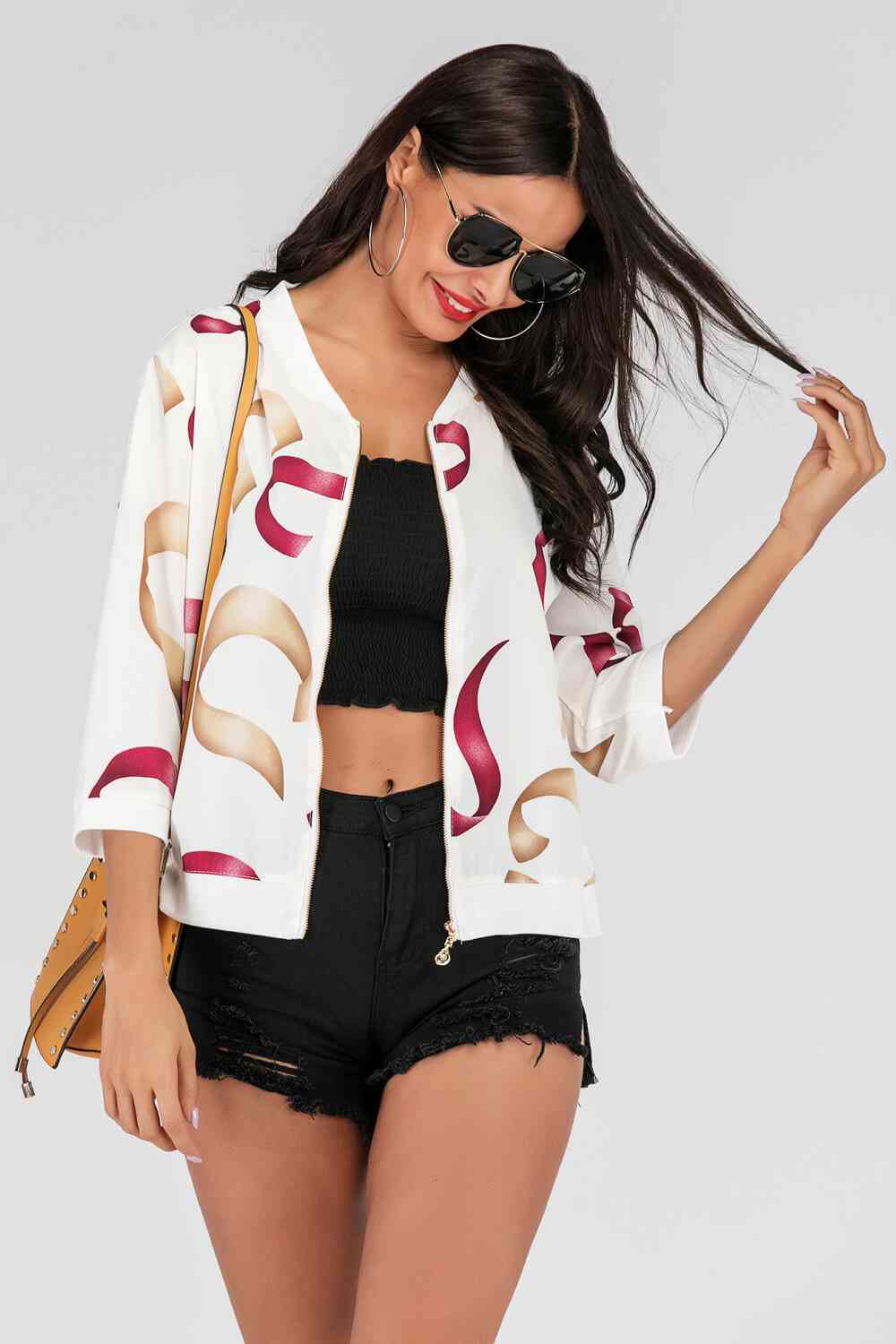 Printed Zip-Up Three-Quarter Sleeve Bomber Jacket | AdoreStarr