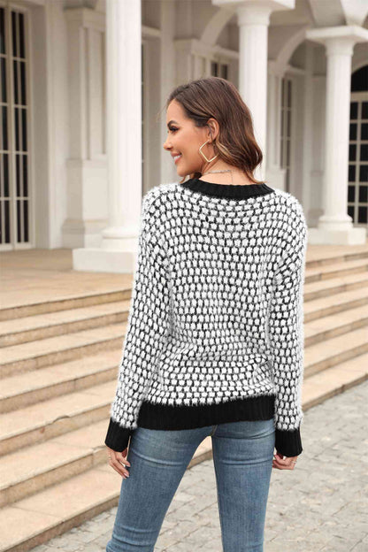 Printed Round Neck Dropped Shoulder Sweater | AdoreStarr