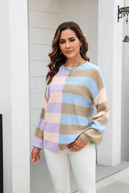 Round Neck Color Block Pullover Sweater | AdoreStarr