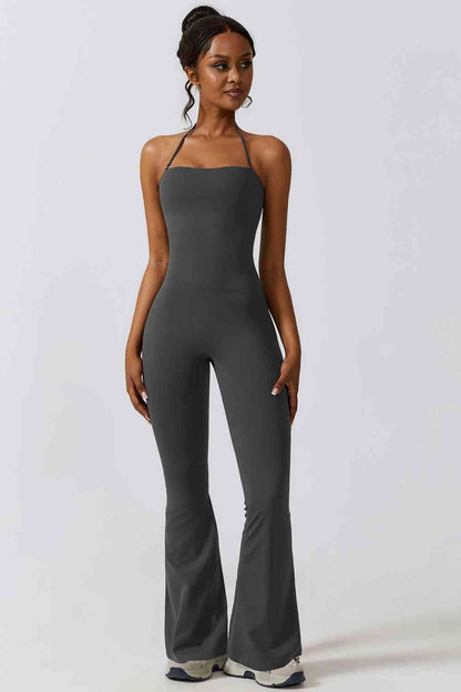 Halter Neck Flare Sport Jumpsuit | AdoreStarr