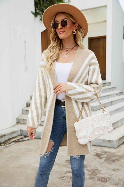 Two-Tone Open Front Fuzzy Longline Cardigan | AdoreStarr