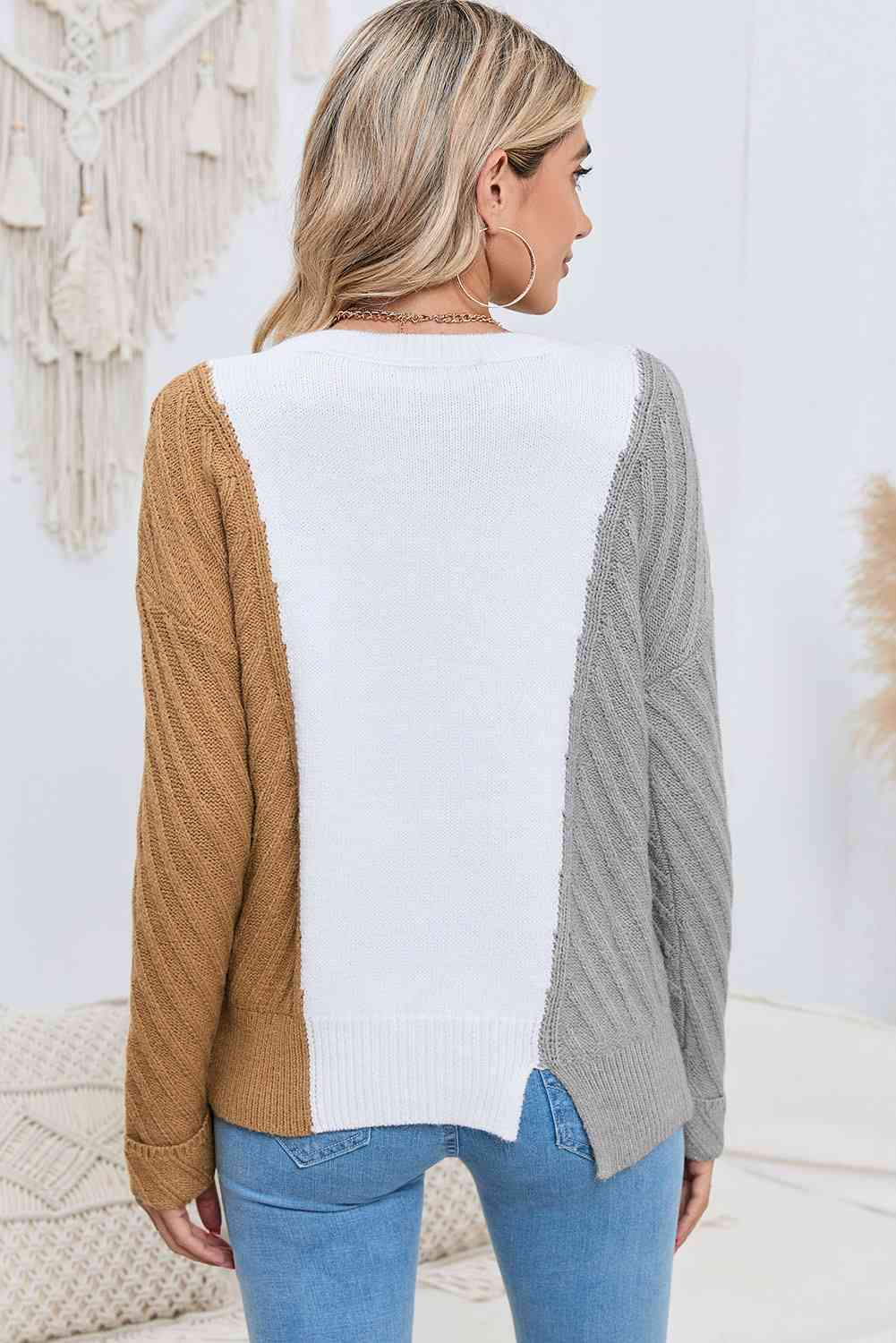 Contrast Color Dropped Shoulder Sweater | AdoreStarr